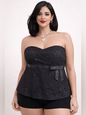 Lane Bryant Black Strapless Lace Bandeau Top with Ribbon